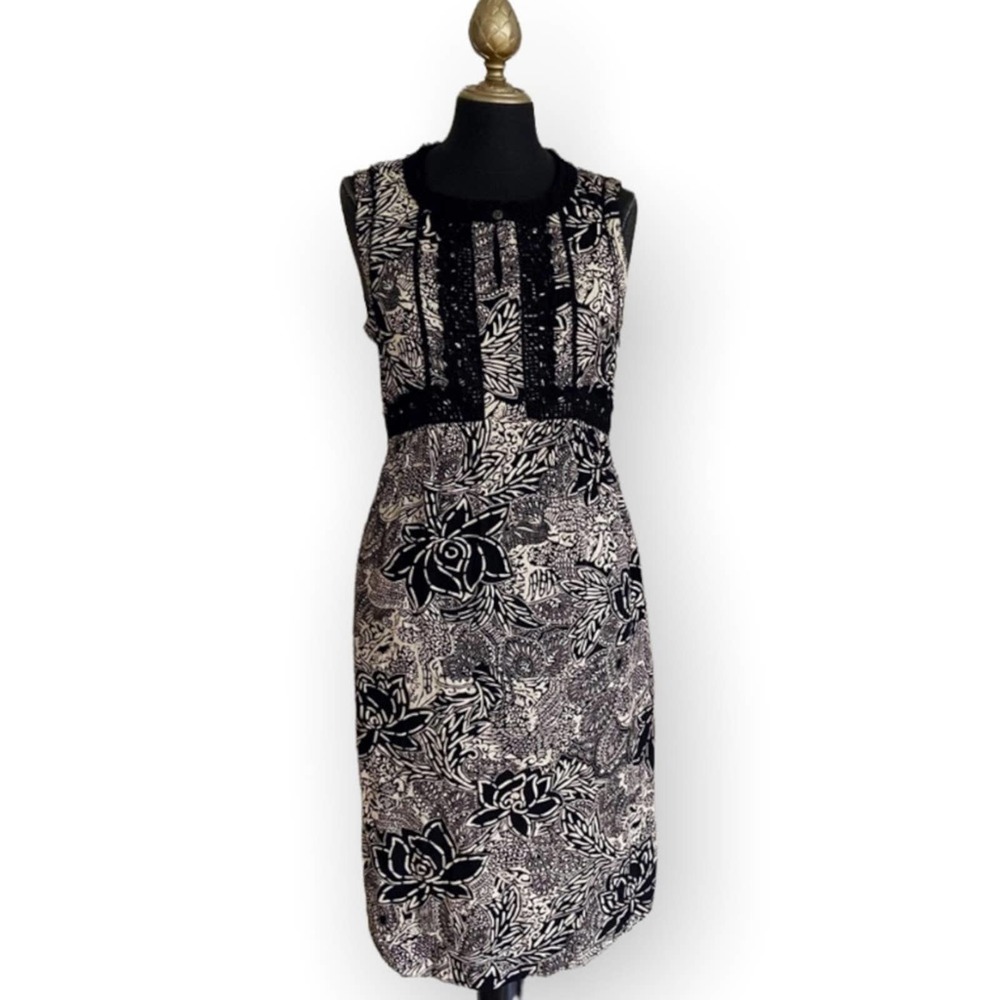 Holding Horses Anthropologie Dress Size 4 Black Tan Cream Floral Midi Sleveless